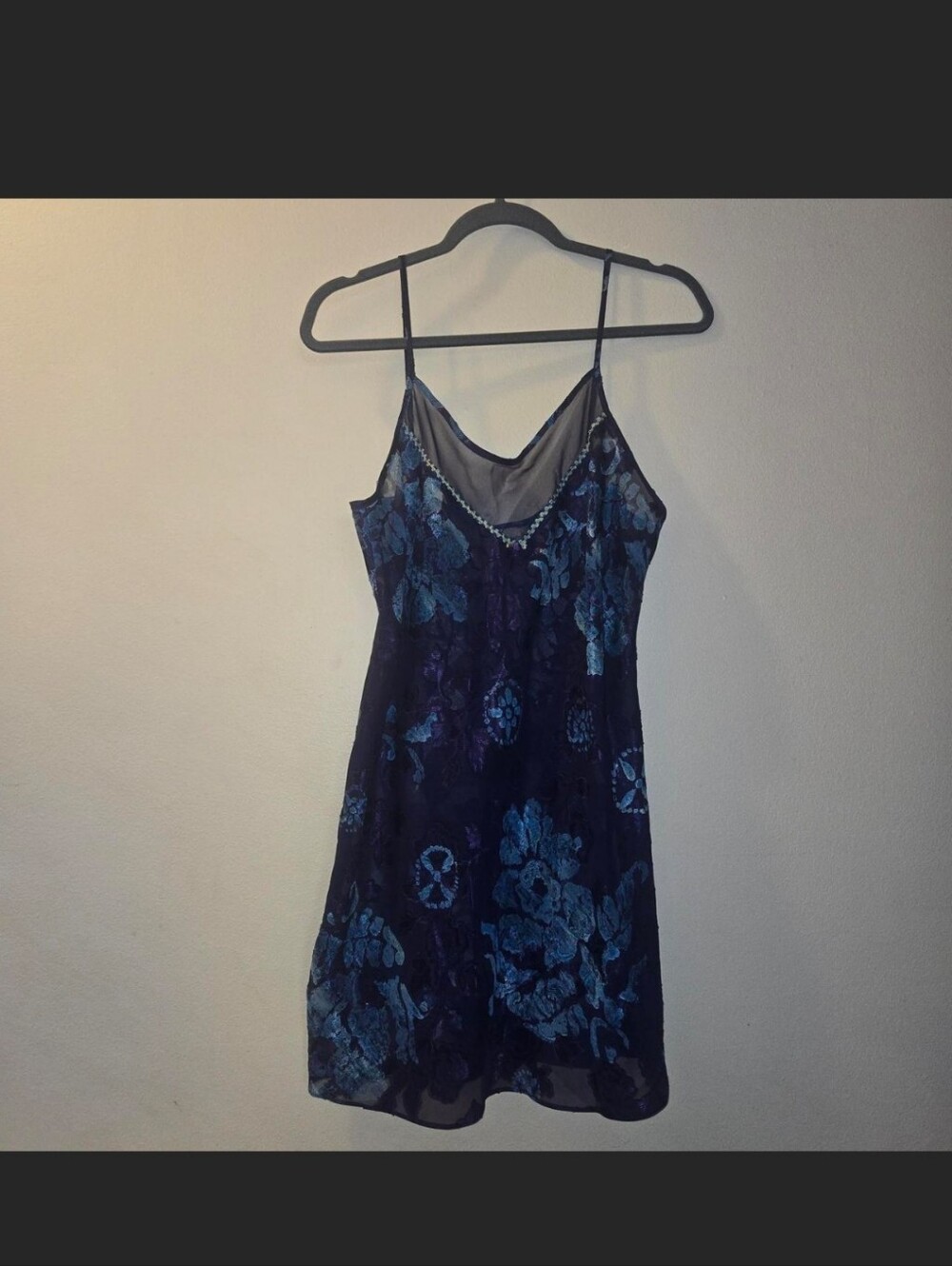 California Dynasty Purple & Blue Floral Lace Slip Dress with Sheer Neckline
